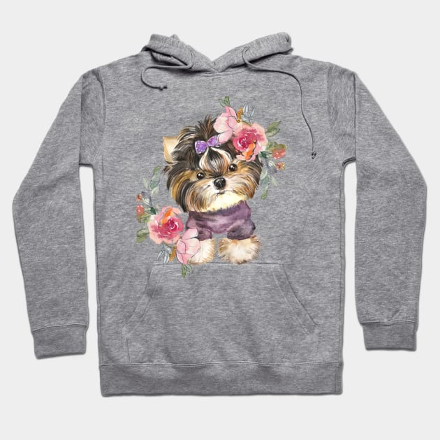 Cute Yorkshire Terrier Yorkie Puppy and Flowers Watercolor Art Hoodie by AdrianaHolmesArt